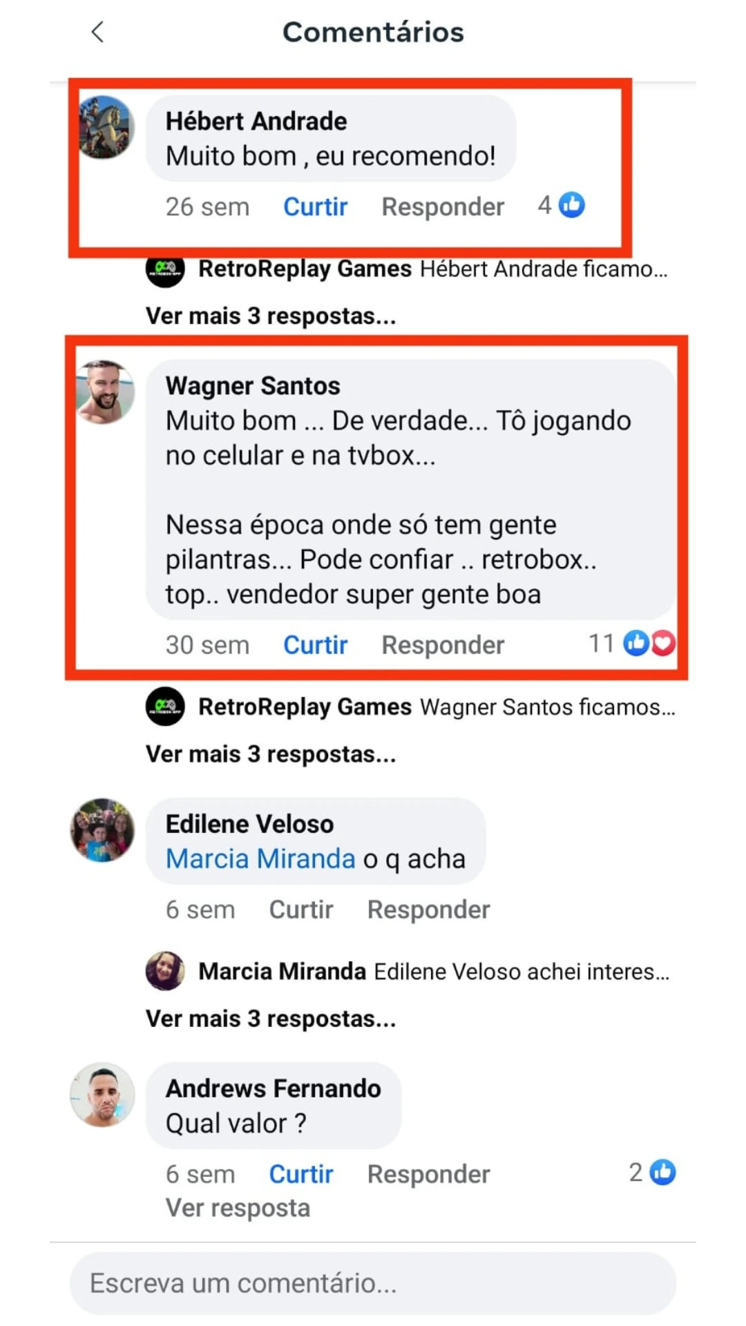 Comentário de cliente sobre o Retrobox